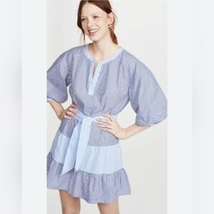 Parker Jenna Blue White Striped Combo‎ Dress Tie Belt Sz XS